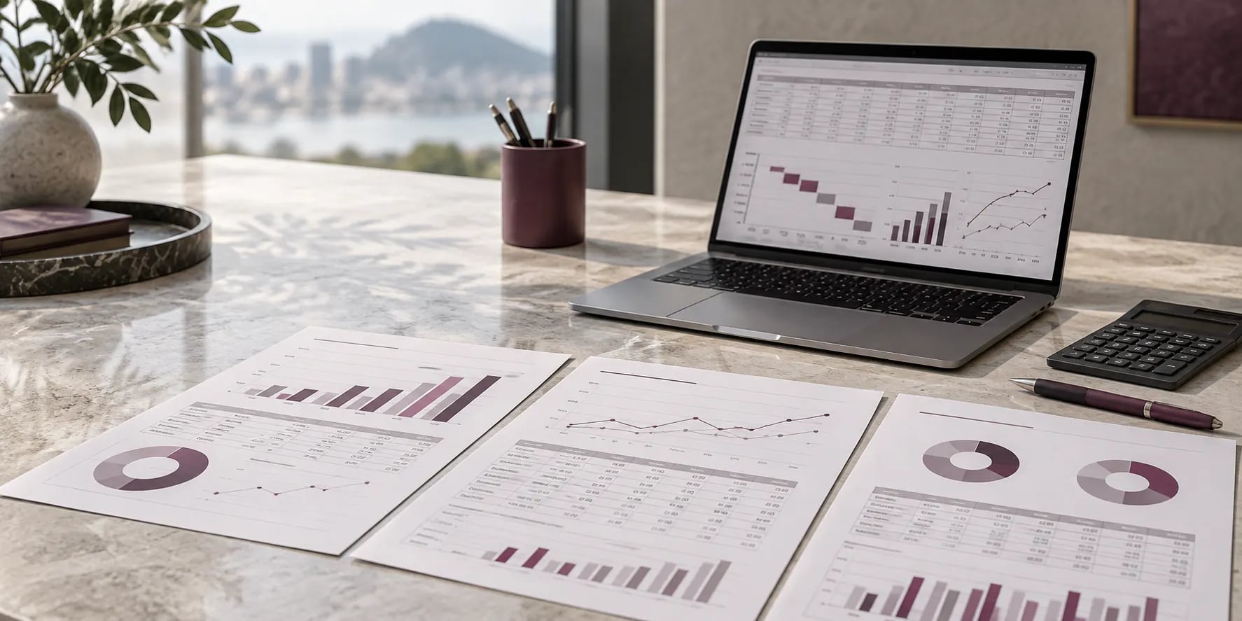 Management reports and a spreadsheet on a laptop screen